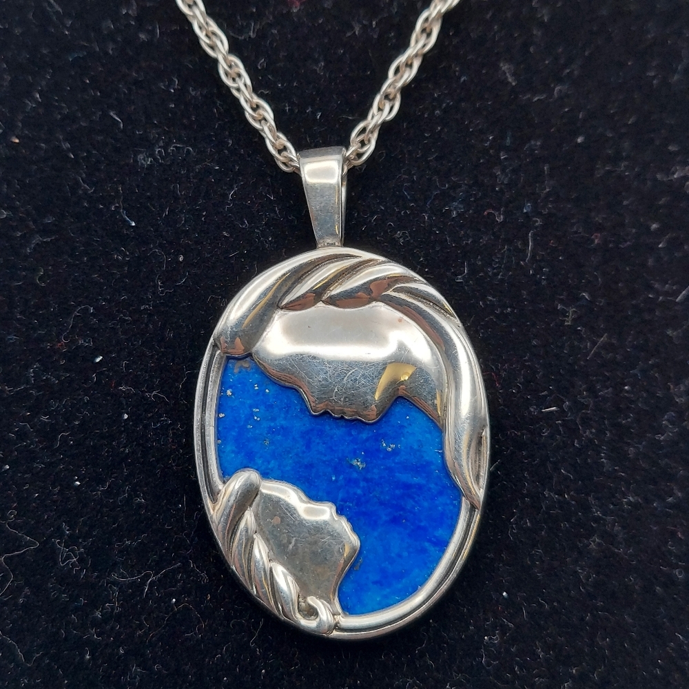 💐Mom's Day! Vtg SS Lapis Azuil Mother & Child Pendant & SS Necklace 12".